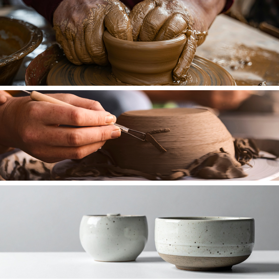 Cours d'initiation au tour couvrant les trois grandes étapes de création : le tournage, le tournassage et l'émaillge.